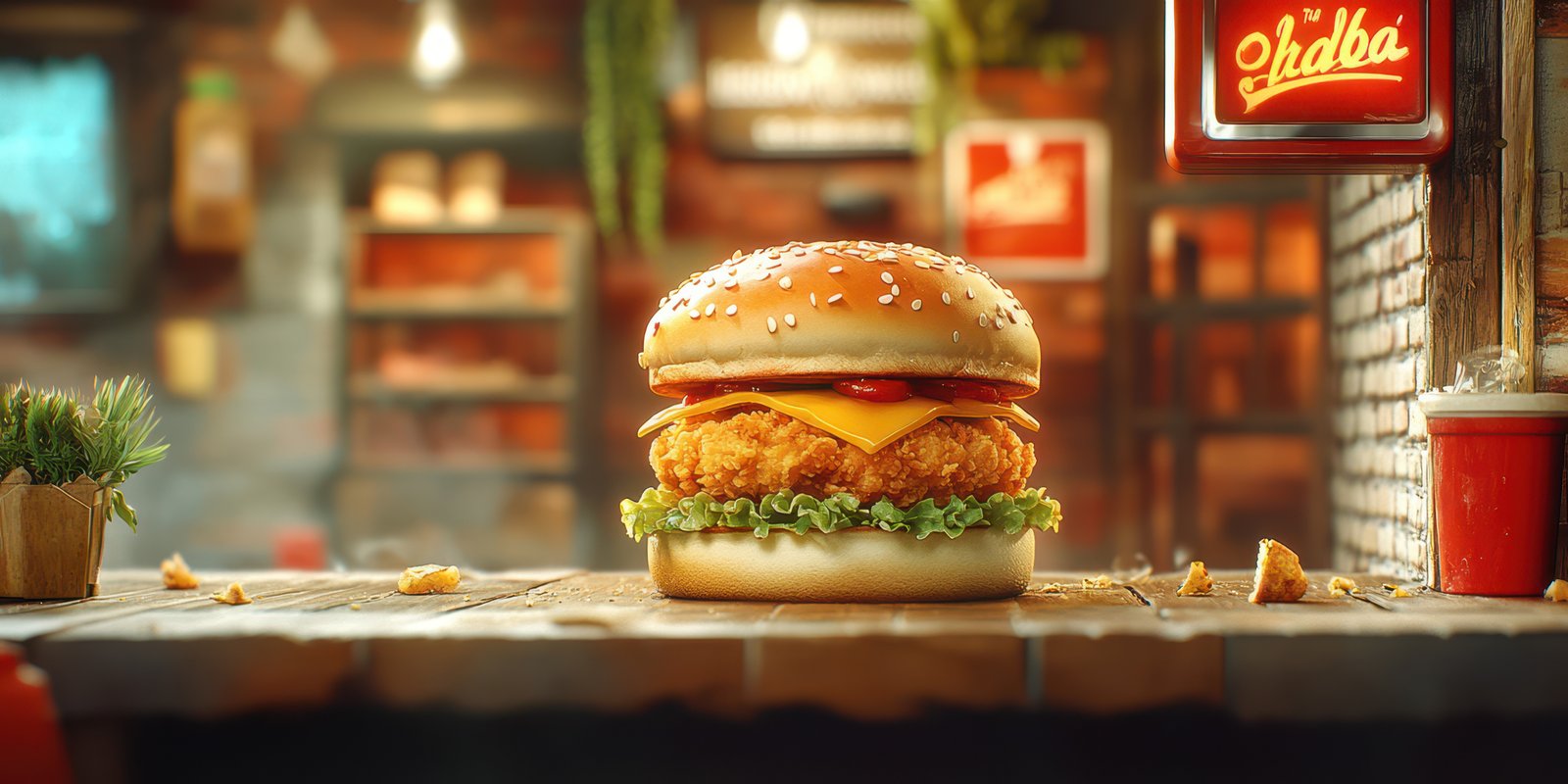 Delicious crispy chicken burger on a rustic wooden table in a cozy fast food setting